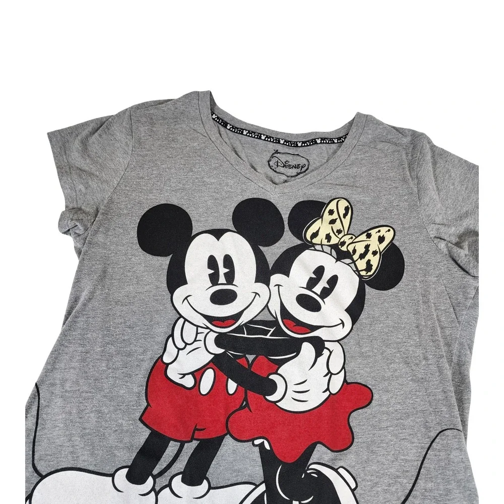Disney Mickey Minnie Mouse Gray Sleepwear Graphic T-Shirt V-Neck Plus 2X 18W-20W - Picture 3 of 8